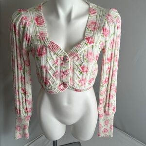 Love Shack Fancy Antique Rosebud Bishop crop cardigan sweater white pink green